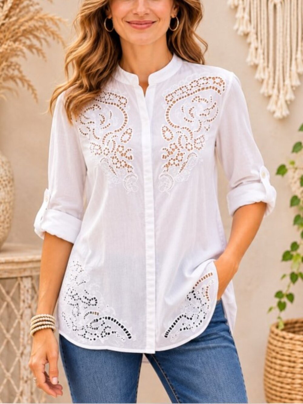 Coldwater Creek White 100% Cotton Embroidered Eyelet Button Front Tunic Blouse